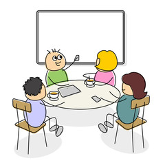 Business people of cute cartoon figures sitting at a table