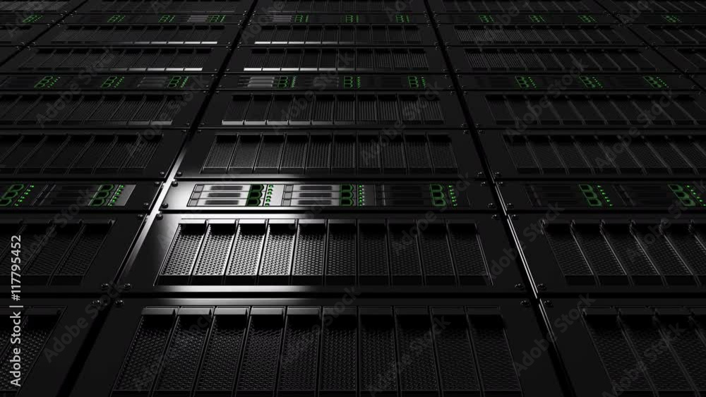 Poster server room dolly shot, low angle view. version with no defocus. seamless loop able 4k footage