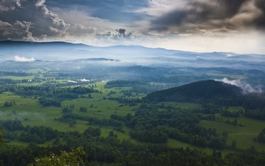 Naklejka premium Summer aerial panorama of Kaczawskie, Rudawy Janowickie and Karkonosze Mountains in Poland