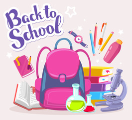 Vector colorful illustration of girl pink backpack with many sch