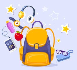 Vector colorful illustration of yellow backpack, phone with head