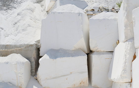 Marble quarry, big white blocks of raw marble