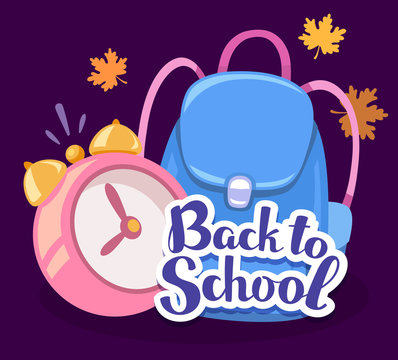 Vector colorful illustration of pink alarm clock, blue backpack,