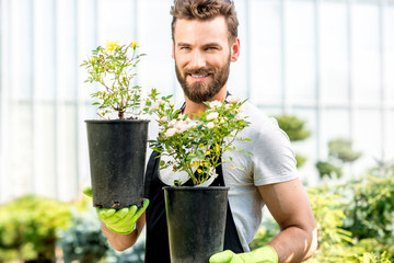 Portrait of a handsome gardener in apron holding pots with flowers in the greenhouse. Plant seller...