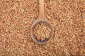 Wooden spoon on buckwheat background