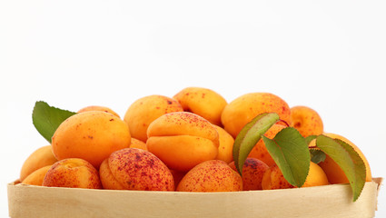 Fresh ripe apricots in wooden basket over white