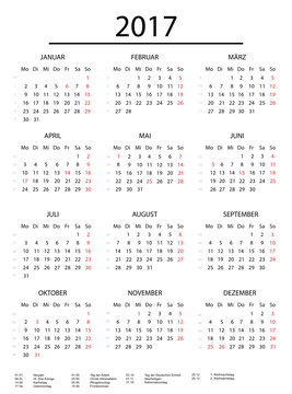 Kalender 2017 ohne Rahmen mit Feiertagen