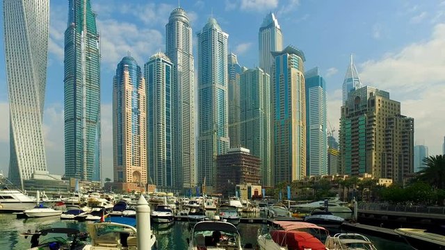 Walking at Dubai Jumeira Marina video 4k. Skyscrapers modern buildings Travel tourism Real Estate business in United Arab Emirates