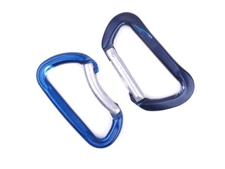 blue climbing carabiners on a white background
