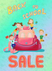 Cute kids playing on backpack. Back to school sale concept, bann
