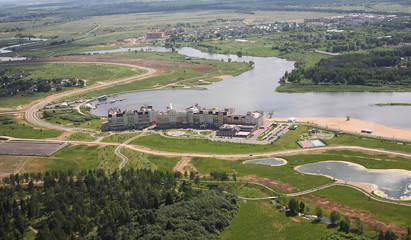 Fototapeta na wymiar Aerial Views - Hotel on the river bank