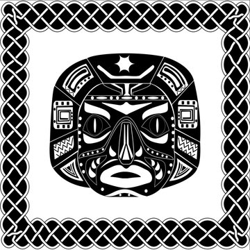 Silhouette black-white mask shaman Native American or African tr