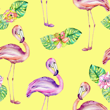 Seamless pattern with the flamingo and exotic flowers, hand painted in watercolor on a yellow background