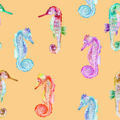 Seamless pattern with multicolored seahorses, hand painted in watercolor on a peach background