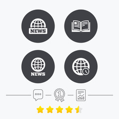 News icons. World globe symbols. Book sign.