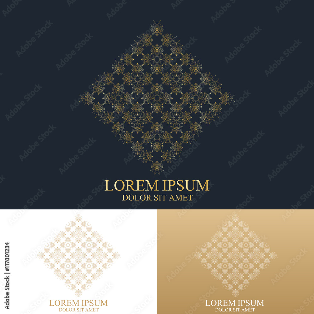 Poster Geometric abstract logo with connected line and dots. Graphic composition design. Golden icon in trendy linear style. Vector Illustration.