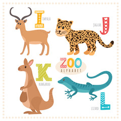 Cute cartoon animals. Zoo alphabet with funny animals. I, j, k,