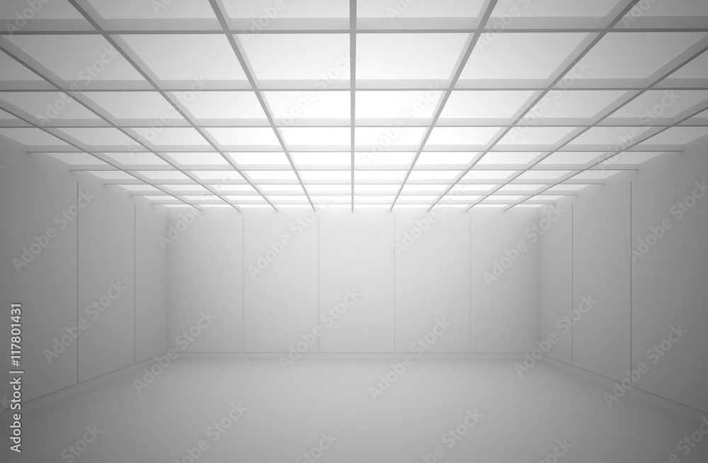 Poster 3d illustration. white interior of of not existing building with a square cellular ceiling and top l