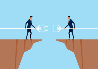 Fototapeta premium Business connection concept. Businessman connecting big plug and socket on cliff. Cooperation interaction. Cartoon Vector Illustration.