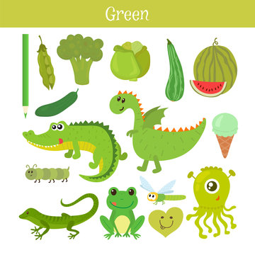 Green. Learn the color. Education set. Illustration of primary c