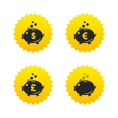Piggy bank icons. Dollar, Euro, Pound moneybox.
