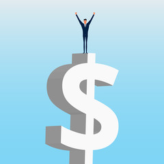 Businessman standing on money building. Proud of himself. Success concept. Cartoon Vector Illustration.