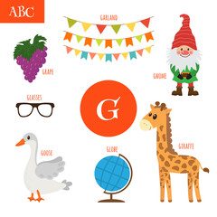 Letter G. Cartoon alphabet for children. Giraffe, gnome, grape,