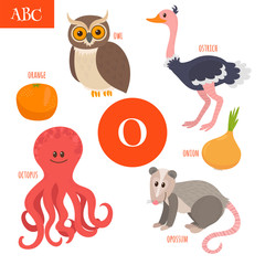 Letter O. Cartoon alphabet for children. Owl, opossum, ostrich,