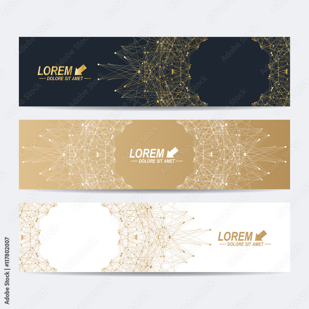 Poster Geometric abstract golden banners. Molecule and communication background for website templates. Vector illustration.
