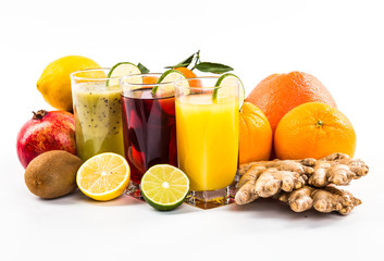 Fresh fruits and juice isolated on white background