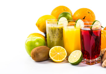 Fresh fruits and juice isolated on white background