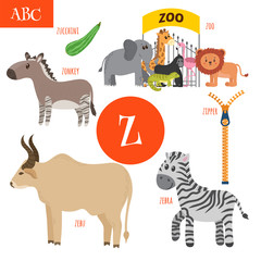 Letter Z. Cartoon alphabet for children. Zebra, zipper, zonkey,