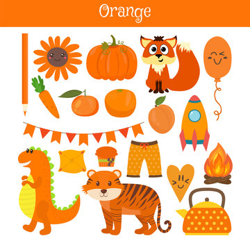 Orange. Learn the color. Education set. Illustration of primary