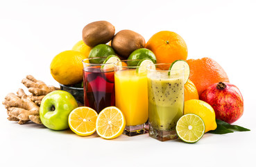 Fresh fruits and juice isolated on white background