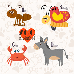 Naklejka premium Zoo alphabet with funny animals. A, b, c, d letters. Ant, butter