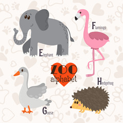 Zoo alphabet with funny animals. E, f, g, h letters. Elephant, f
