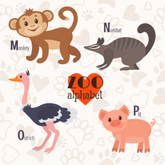 Zoo alphabet with funny animals. M, n, o, p letters. Monkey, num