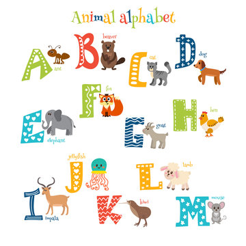 Zoo. Cute cartoon animals alphabet from A to M in cartoon style