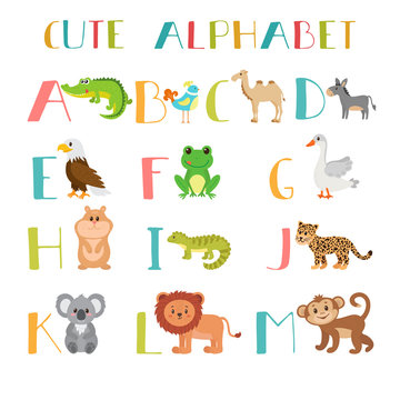 Zoo. Cute cartoon animals alphabet from A to M