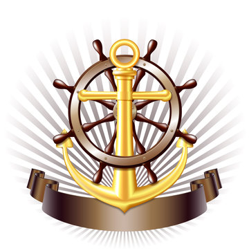Nautical emblem with golden anchor, vector