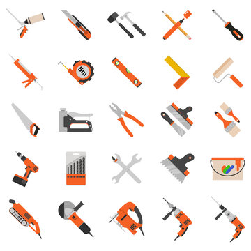 Home repair tools vector icons. Working repair tools for repair and construction. Hand drill, saw, level, hammer, screwdriver and other construction tools. Home repair set isolated on white background