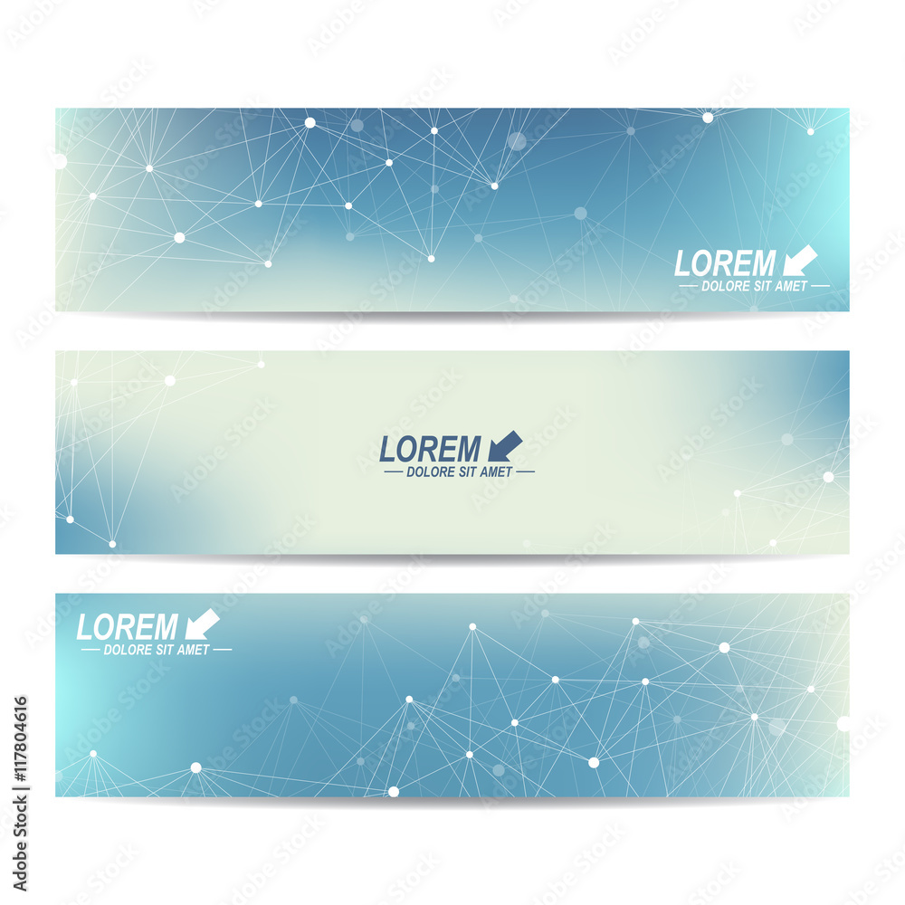 Poster Geometric abstract banners. Molecule and communication background for website templates. Backdrop with connected line whit dots. Vector illustration.