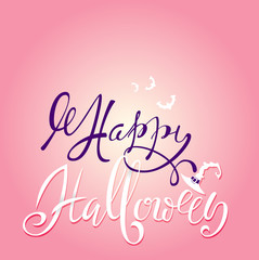 Happy Halloween text. Vector lettering with pink gradient background. Flat halloween elements. Halloween card