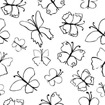 Butterflies hand drawn graphic vector doodle sketch isolated on white, seamless pattern, decorative background, designed texture, outline ornament for card, package cosmetic, wallpaper, beauty salon