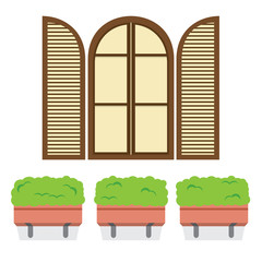 Open Vintage Arc Window With Pot Plants Below Vector Illustration