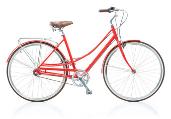 Stylish womens red bicycle isolated on white
