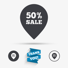 50 percent sale pointer tag sign icon.