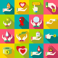 Flat charity icons set. Universal charity icons to use for web and mobile UI, set of basic charity elements vector illustration