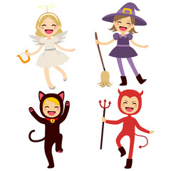 Cute group of little cheerful children with different Halloween costumes