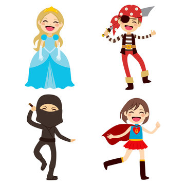 Cute lovely group of little cheerful children disguised with different Halloween costumes